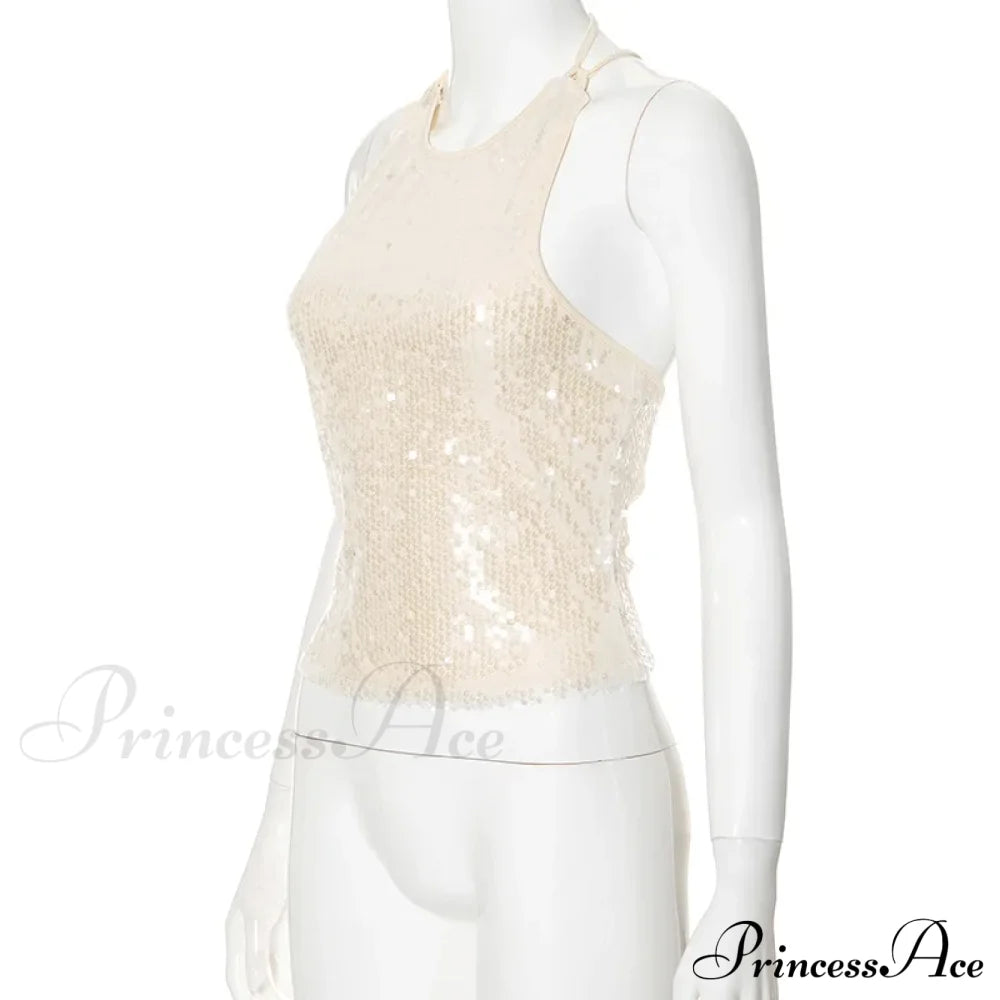 Beige Sequin Stylish Tank Top