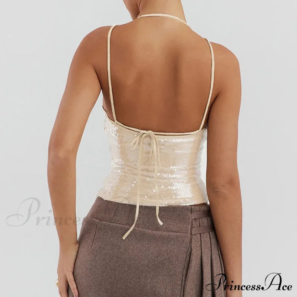 Beige Sequin Stylish Tank Top