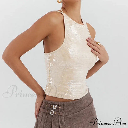 Beige Sequin Stylish Tank Top Apricot / M