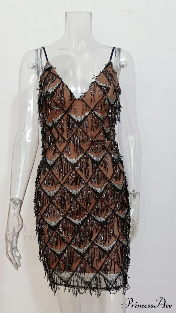 Beige Sequined Cocktail Dress With Delicate Spaghetti Straps S / Black