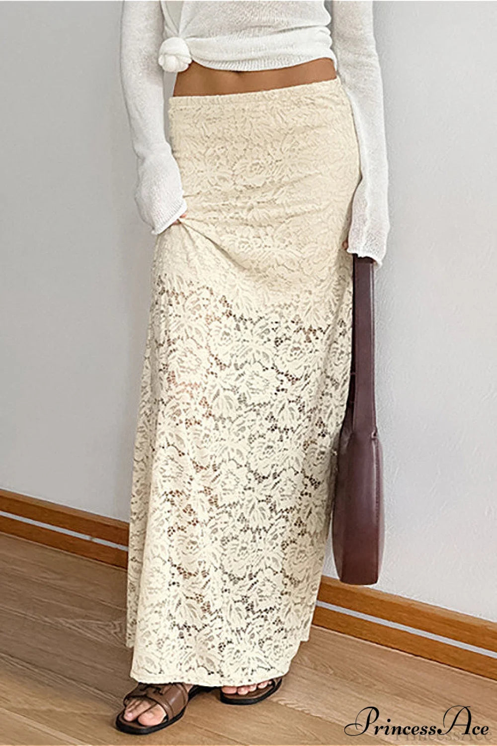 Beige Sheer Lace Brocade Maxi Skirt Apricot / S