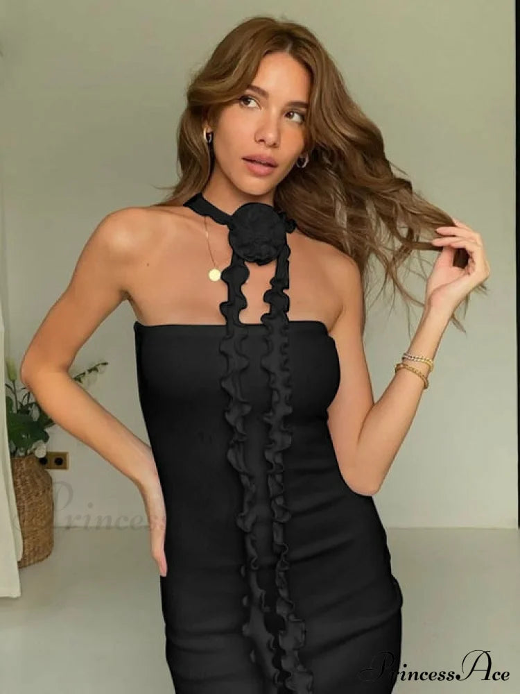 Bianca Bodycon Midi Dresses Graceful With Ruched And Rose Detail S / Black