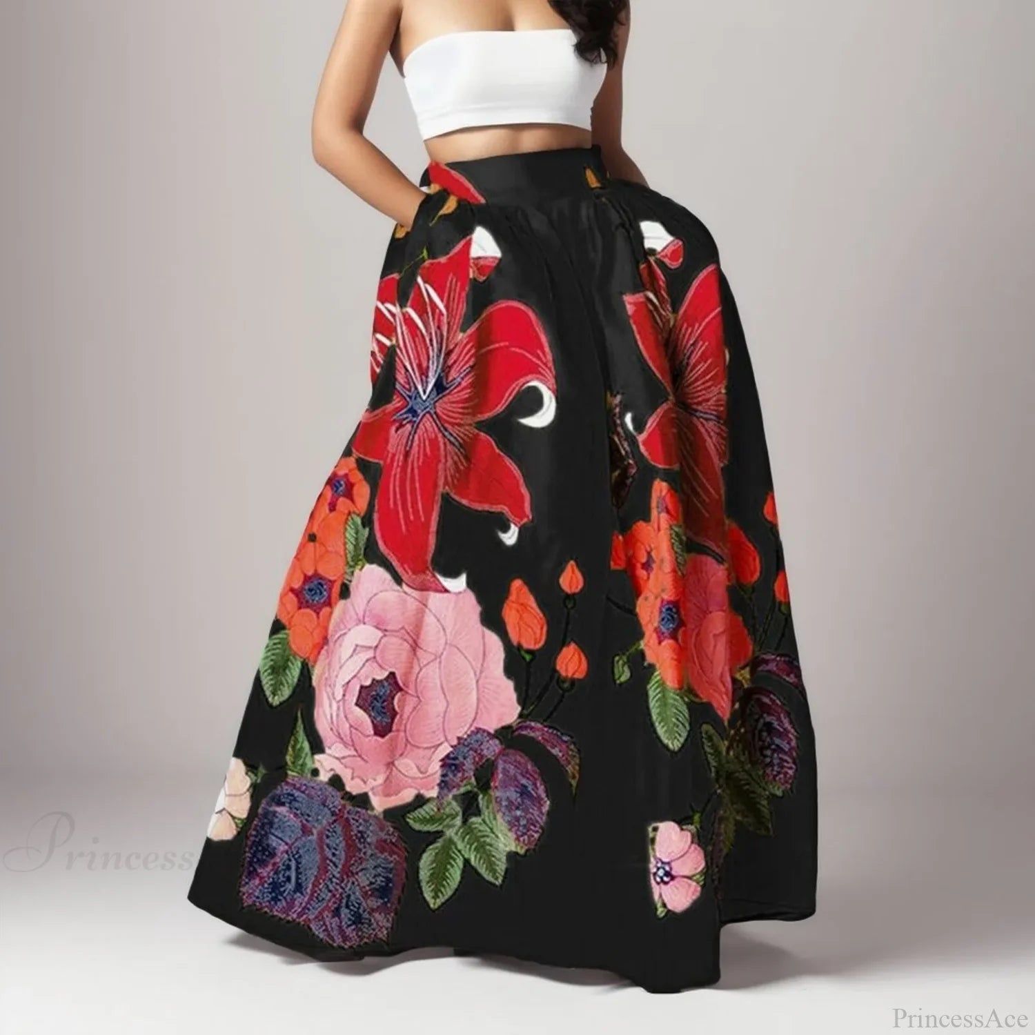 Big Flower Printed A-Line High Waist Long Maxi Skirt Black3 / S skirt-250126