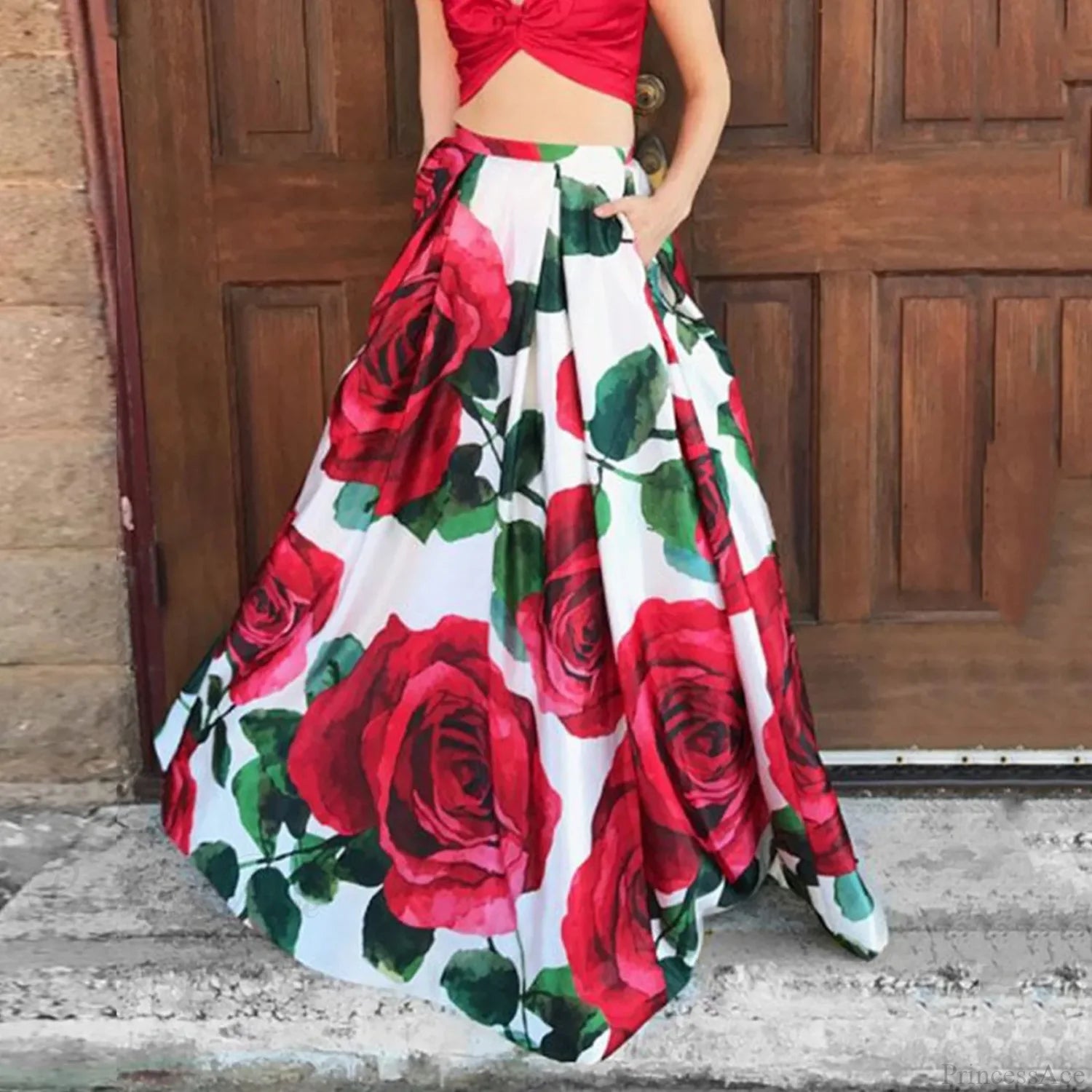 Big Flower Printed A-Line High Waist Long Maxi Skirt White2 / S skirt-250126