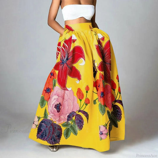 Big Flower Printed A-Line High Waist Long Maxi Skirt Yellow1 / S skirt-250126