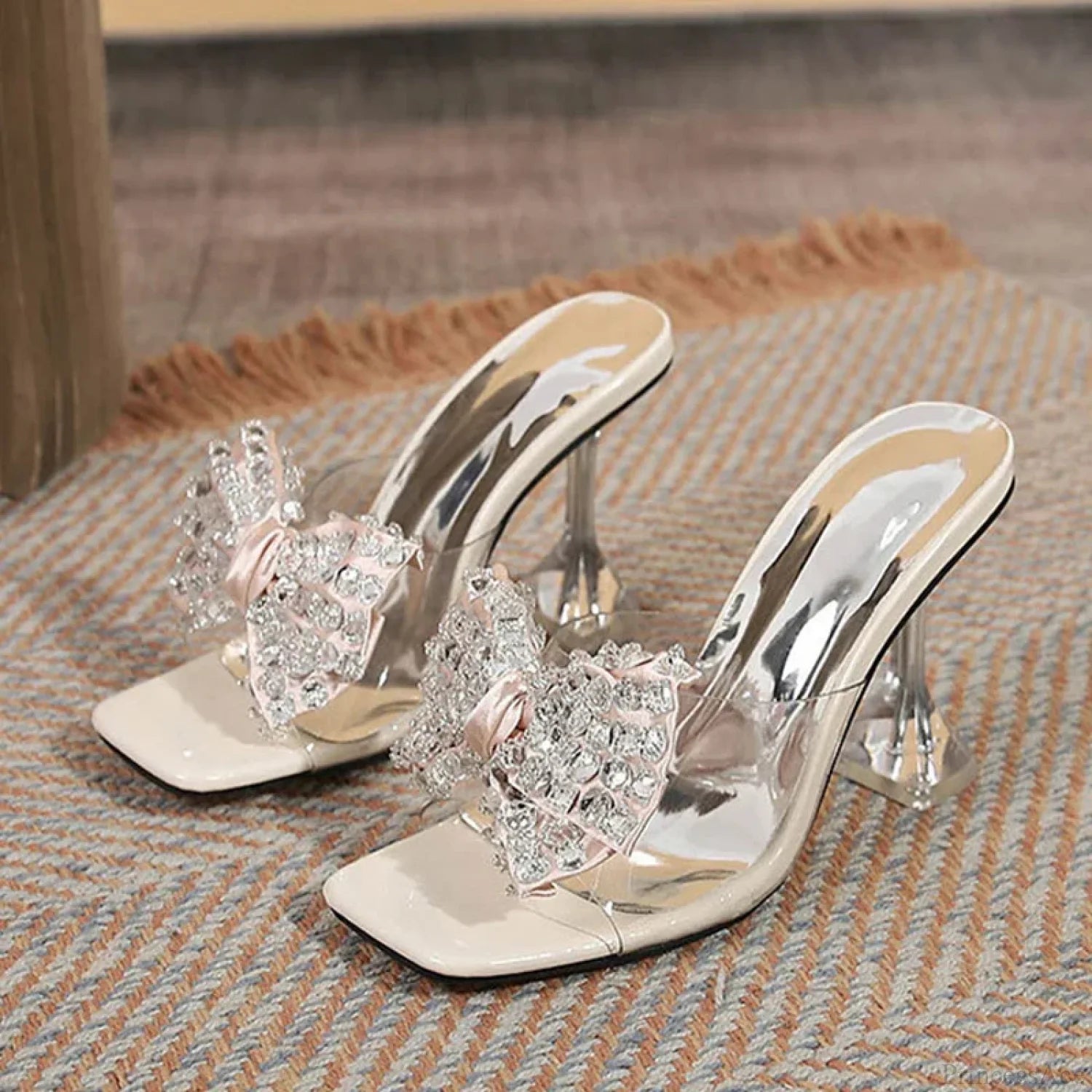 Big Size Clear Modern Slippers Sexy Crystal Bowknot Square Toe Transparent Sandals High Heel