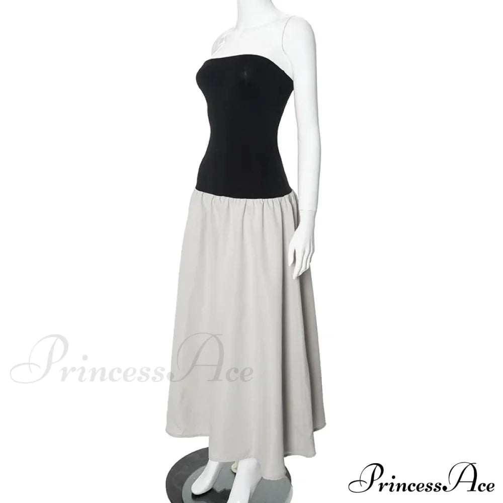 Black And White Charming Colorblock Tube Maxi Dress Open Shoulder Midi