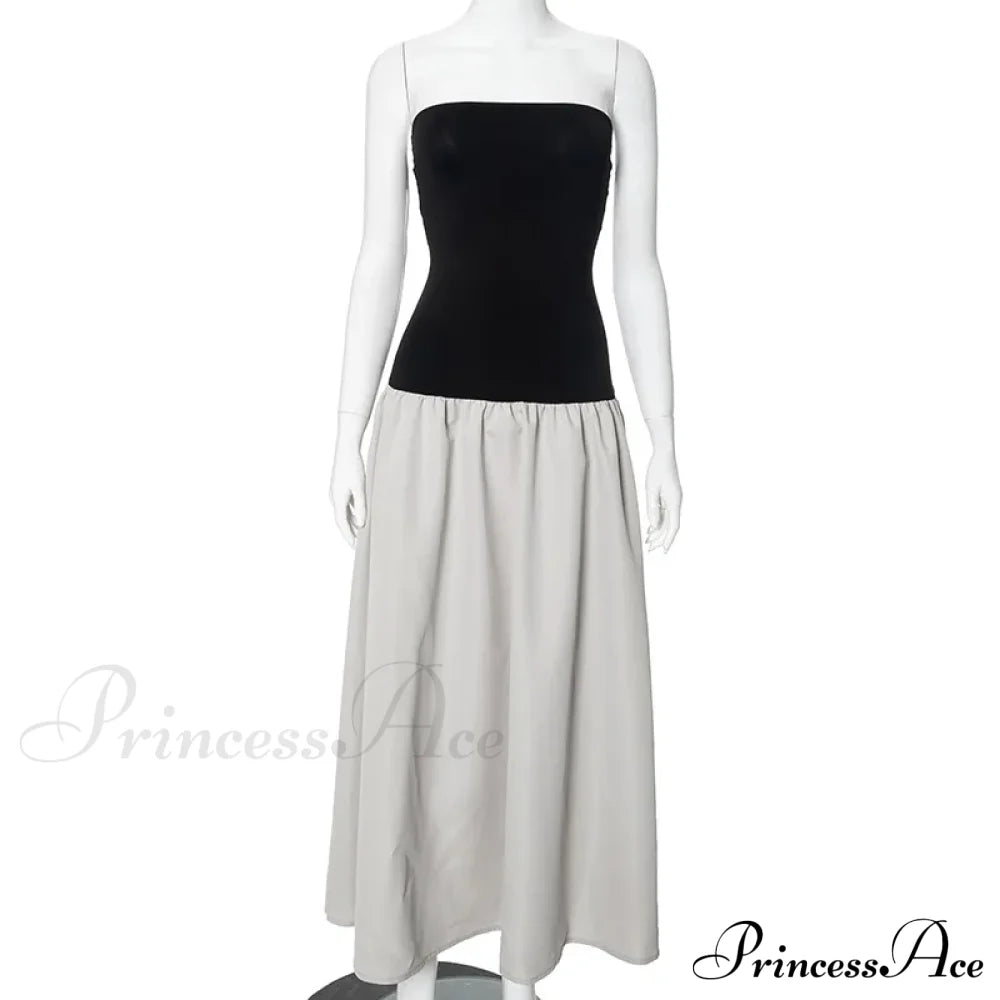 Black And White Charming Colorblock Tube Maxi Dress Open Shoulder Midi