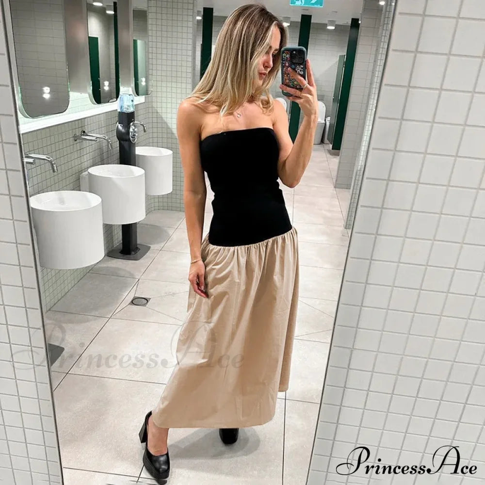 Black And White Charming Colorblock Tube Maxi Dress Open Shoulder Midi