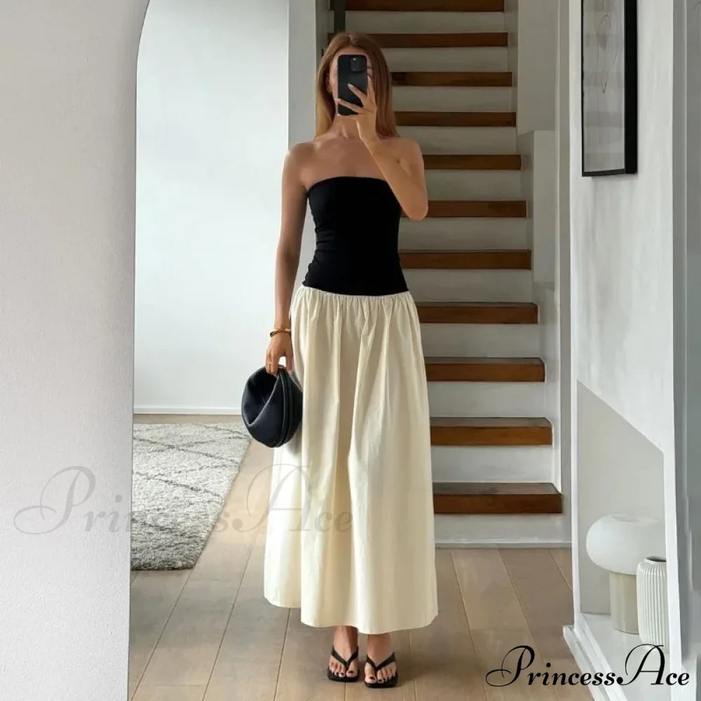 Black And White Charming Colorblock Tube Maxi Dress Open Shoulder Midi