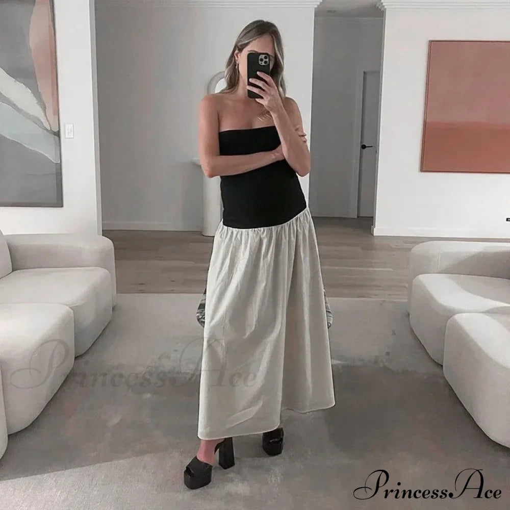 Black And White Charming Colorblock Tube Maxi Dress Open Shoulder Midi