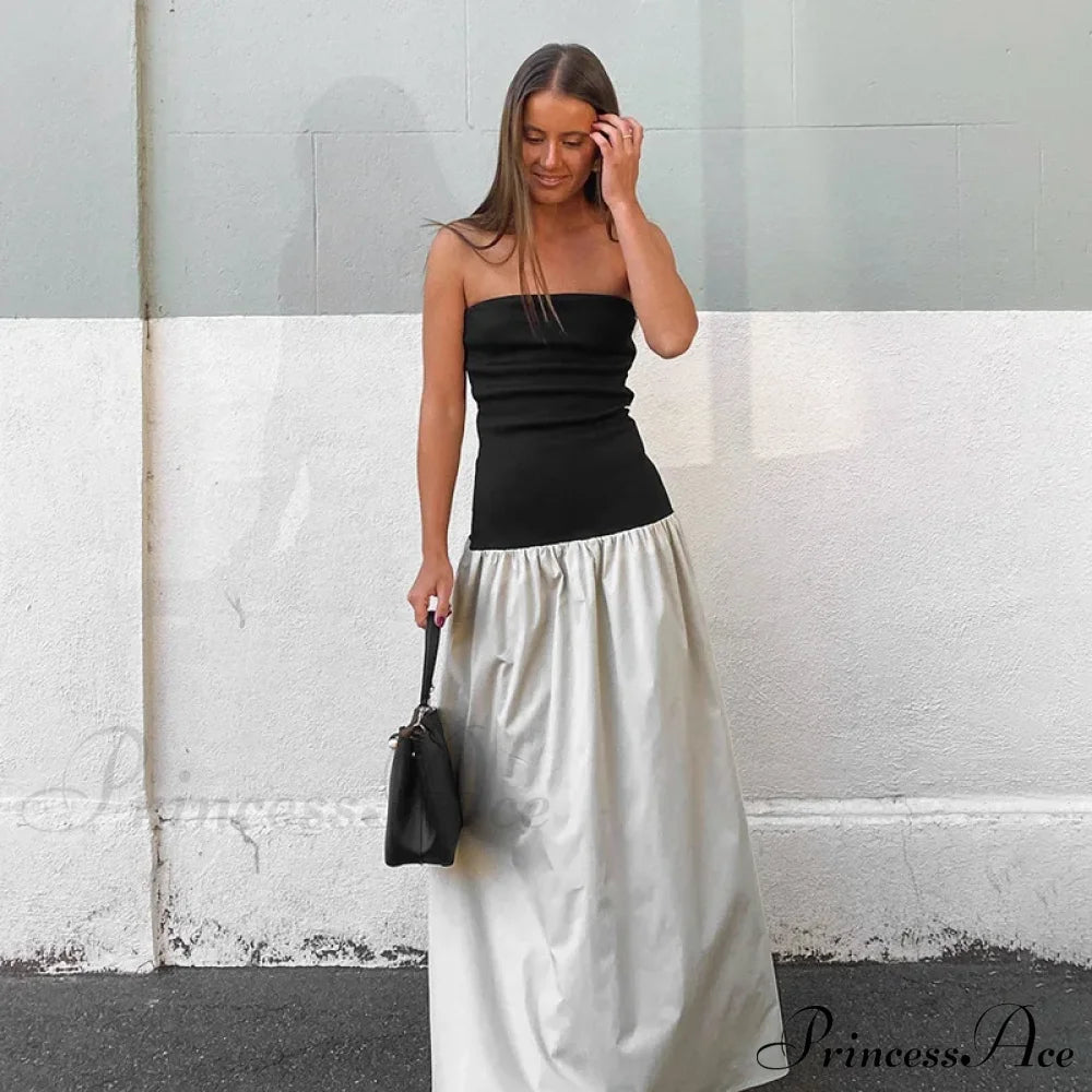 Black And White Charming Colorblock Tube Maxi Dress Open Shoulder Midi