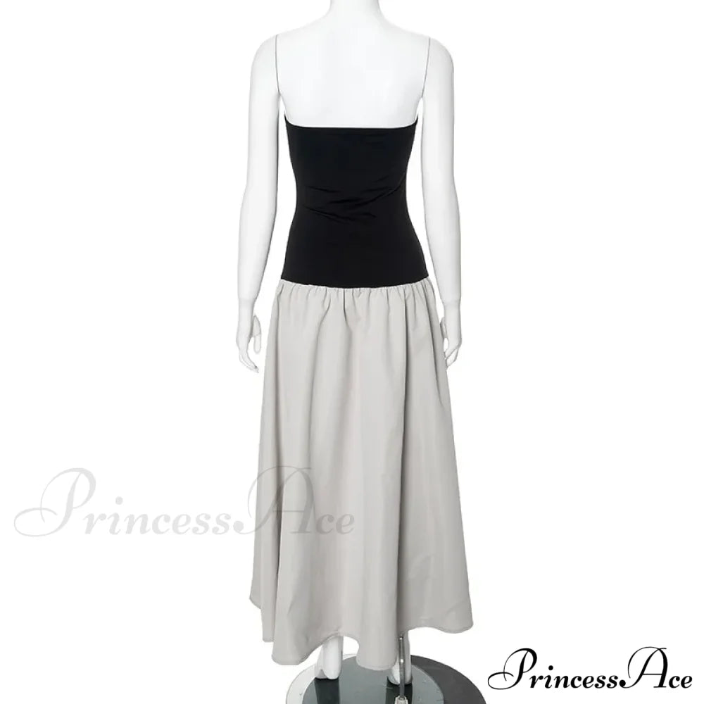Black And White Charming Colorblock Tube Maxi Dress Open Shoulder Midi