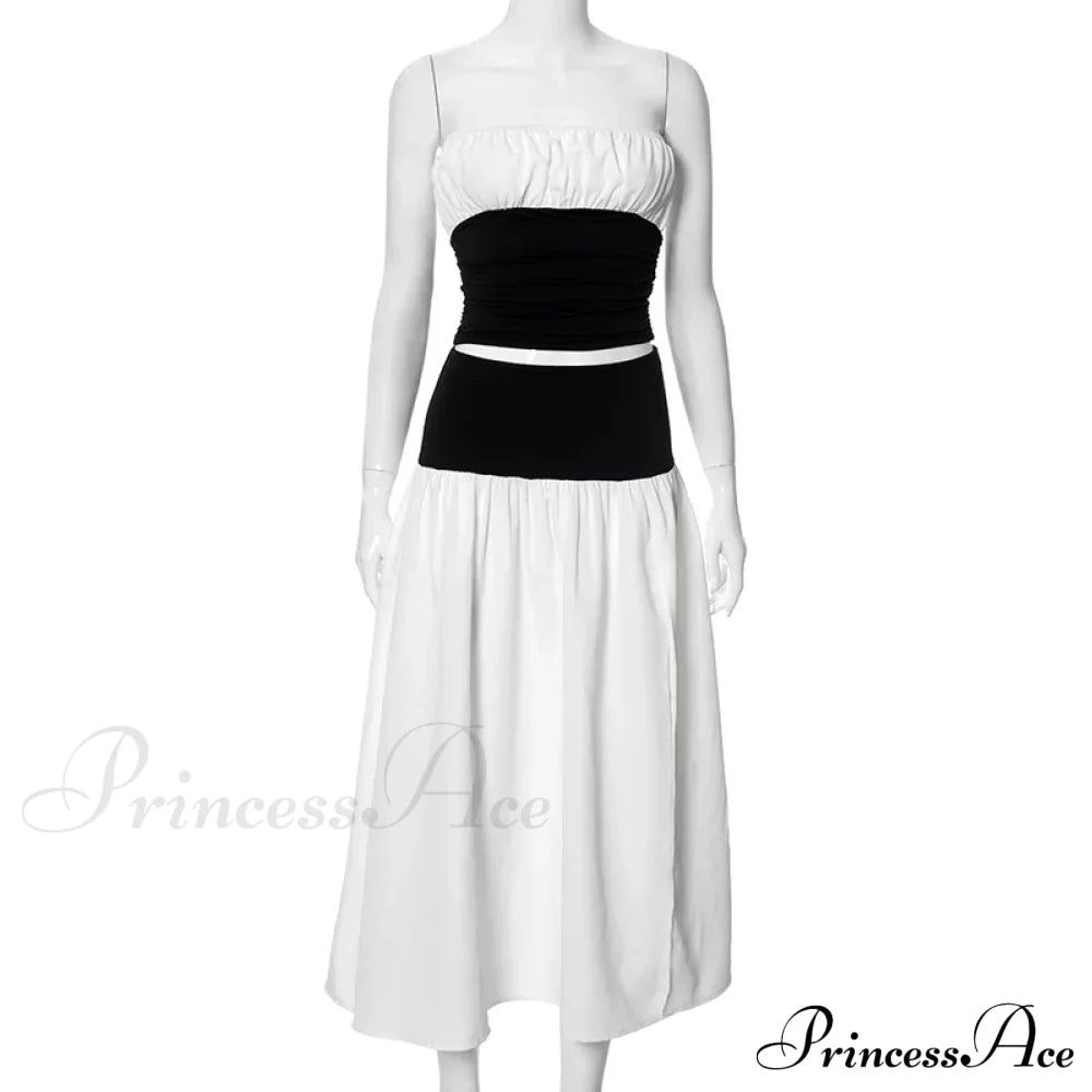 Black And White Patchwork Tube Trendy Top And Slit Long Skirt Set Co-Ord