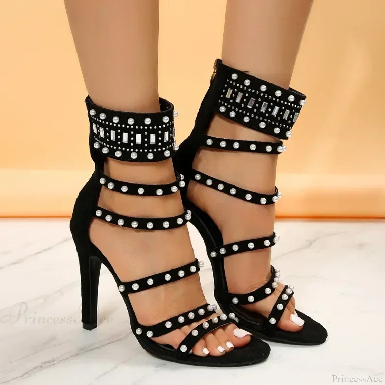 Black Beige Gladiator Sexy Peep Toe Diamond Pearl Ankle Band Zipper Cover Heels High Heel