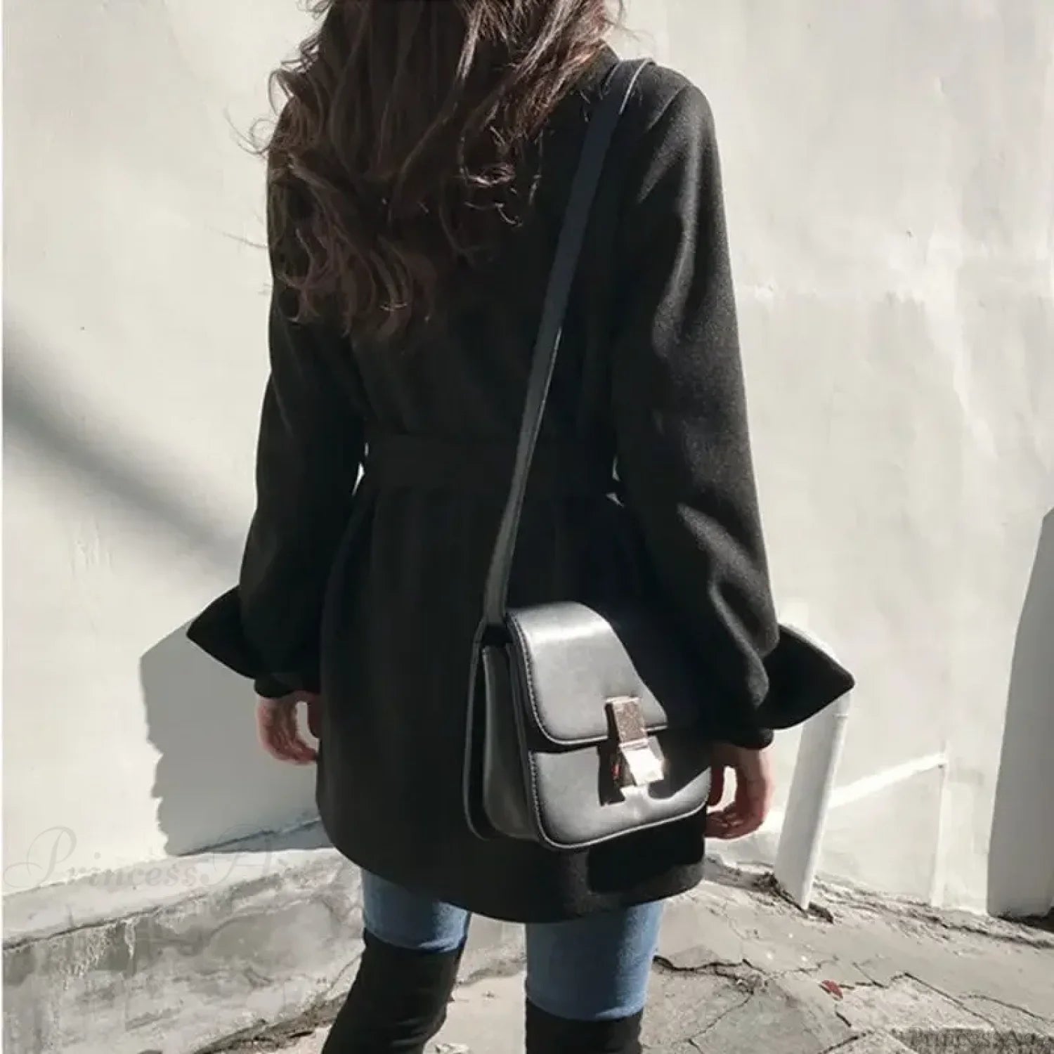 Black Blazer Wool Blend Lace-Up Overcoat