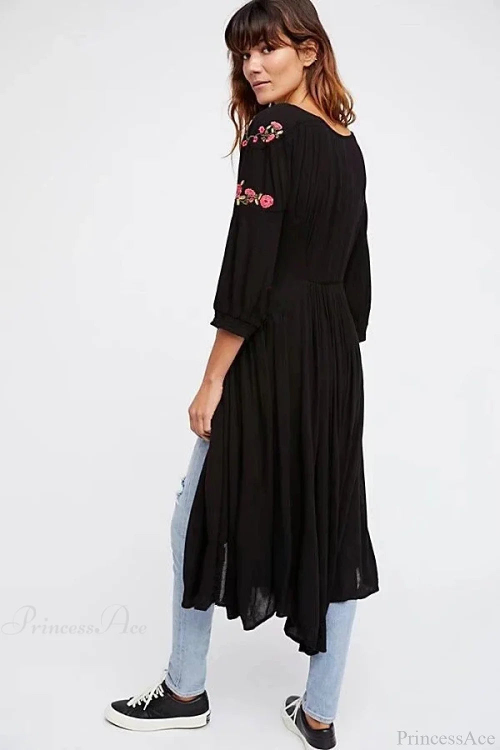 Black Boho Long Dress Floral Embroidery V-neck Hippie Casual Dress bohodress-250126