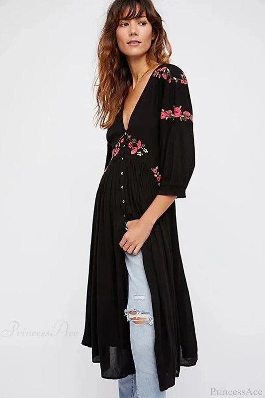 Black Boho Long Dress Floral Embroidery V-neck Hippie Casual Dress Black / S bohodress-250126