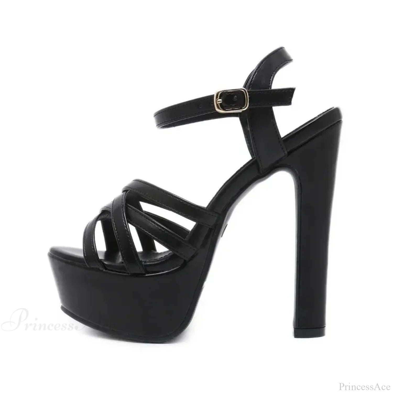 Black/Brown Waterproof Sexy Peep Toe Narrow Band Cross Hollow Outbuckle Strap Thick High Heels