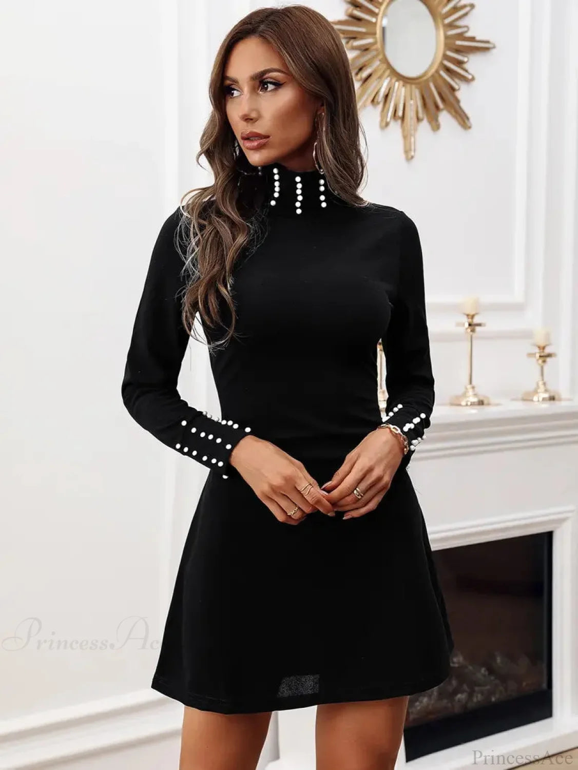 Black Crew Neck Long Sleeve Dress Black High Neck Winter Dress