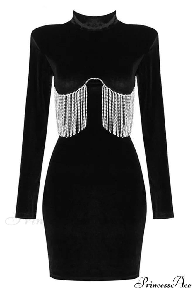 Black Crystal Fringe Velvet Mini Dress | Dress In Beauty