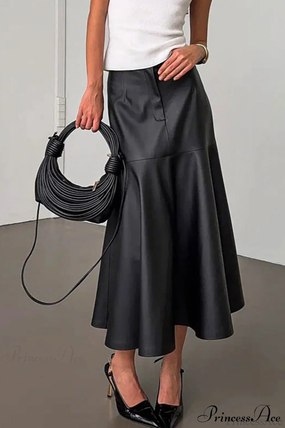 Black Faux Leather Midi Skirt Black / S