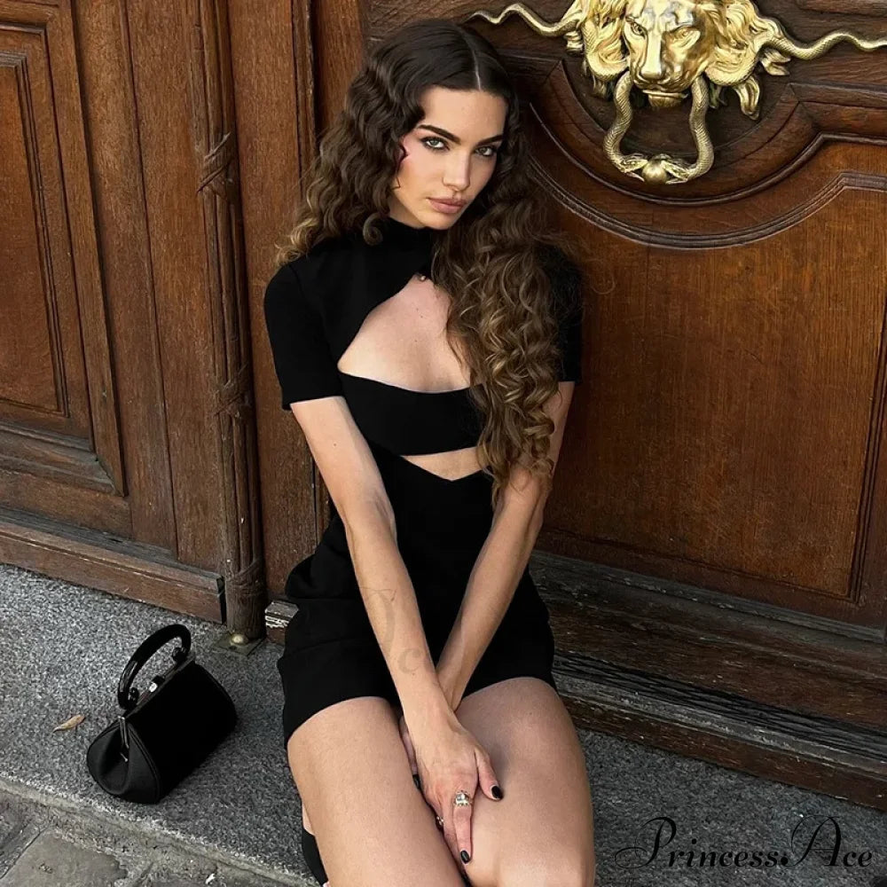 Black Front Hollow Charming Out Mini Dress