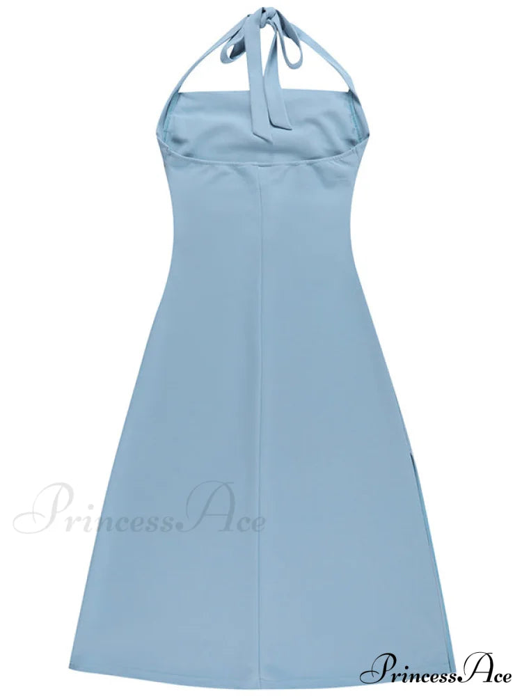 Black Halter Midi Dress With Semi Flare L / Blue Black Halter Party Dress