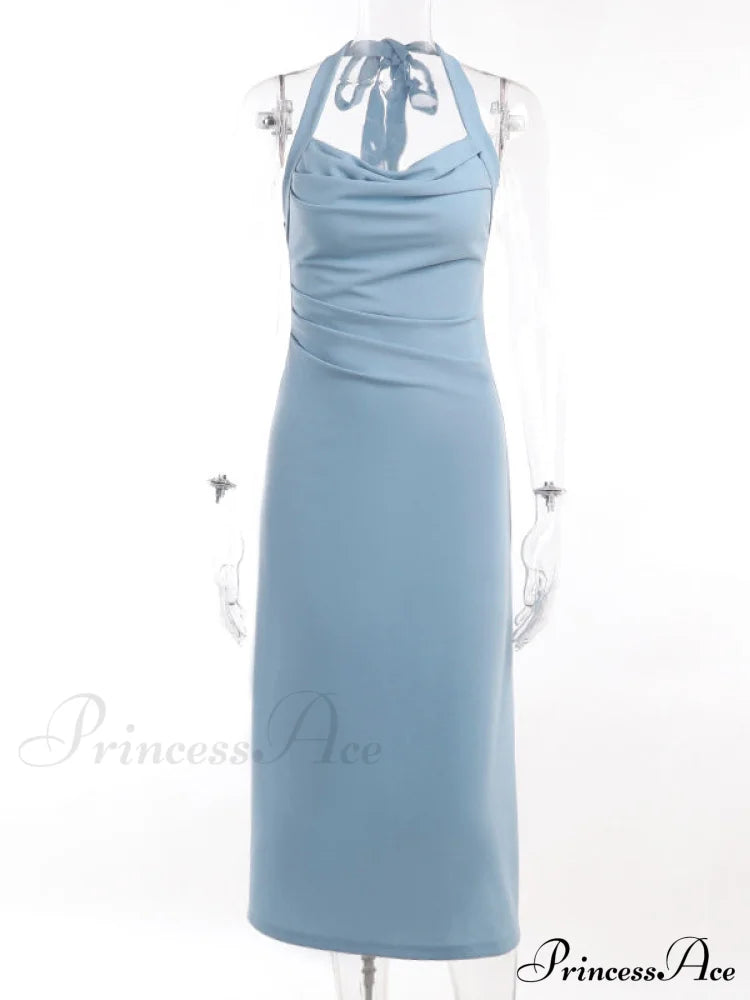 Black Halter Midi Dress With Semi Flare M / Blue Black Halter Party Dress