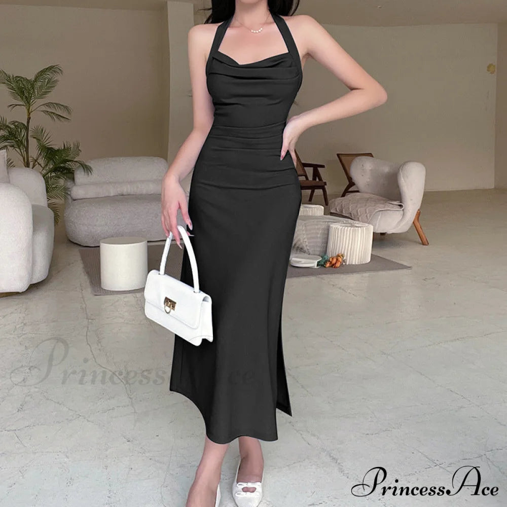 Black Halter Midi Dress With Semi Flare M / Black Halter Party Dress