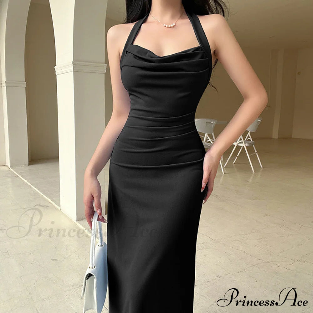 Black Halter Midi Dress With Semi Flare Xl / Black Halter Party Dress