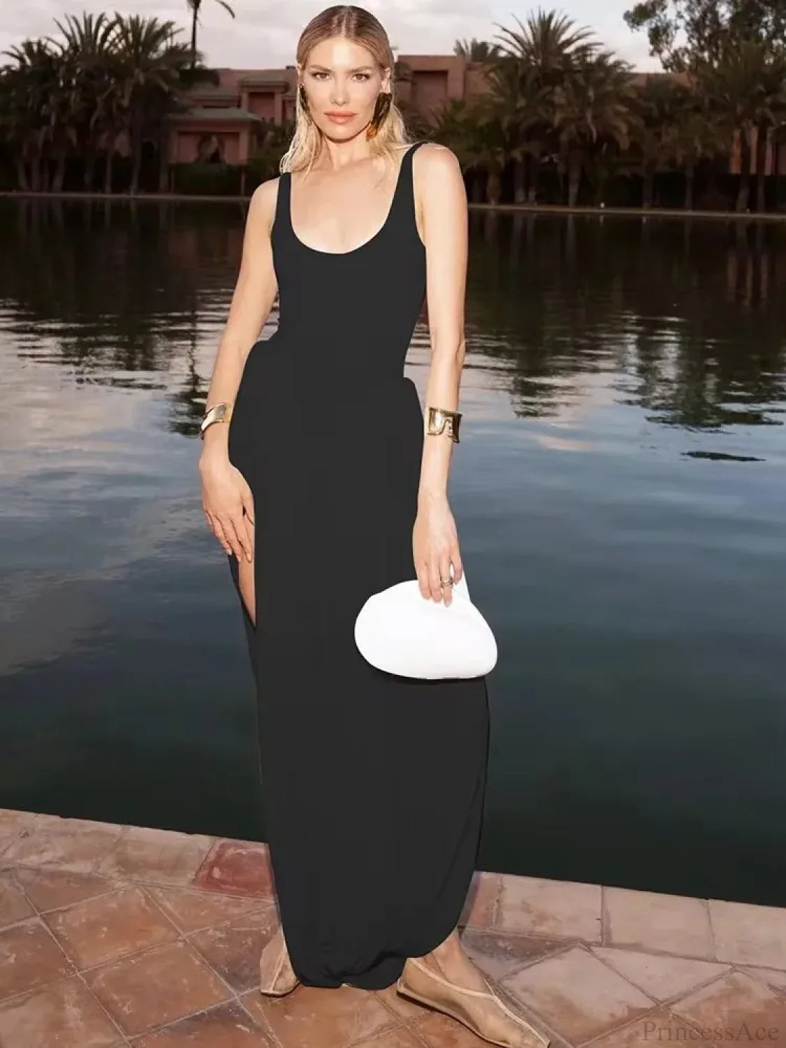 Black High Slit Maxi Vacation Dress vacationdress-250223