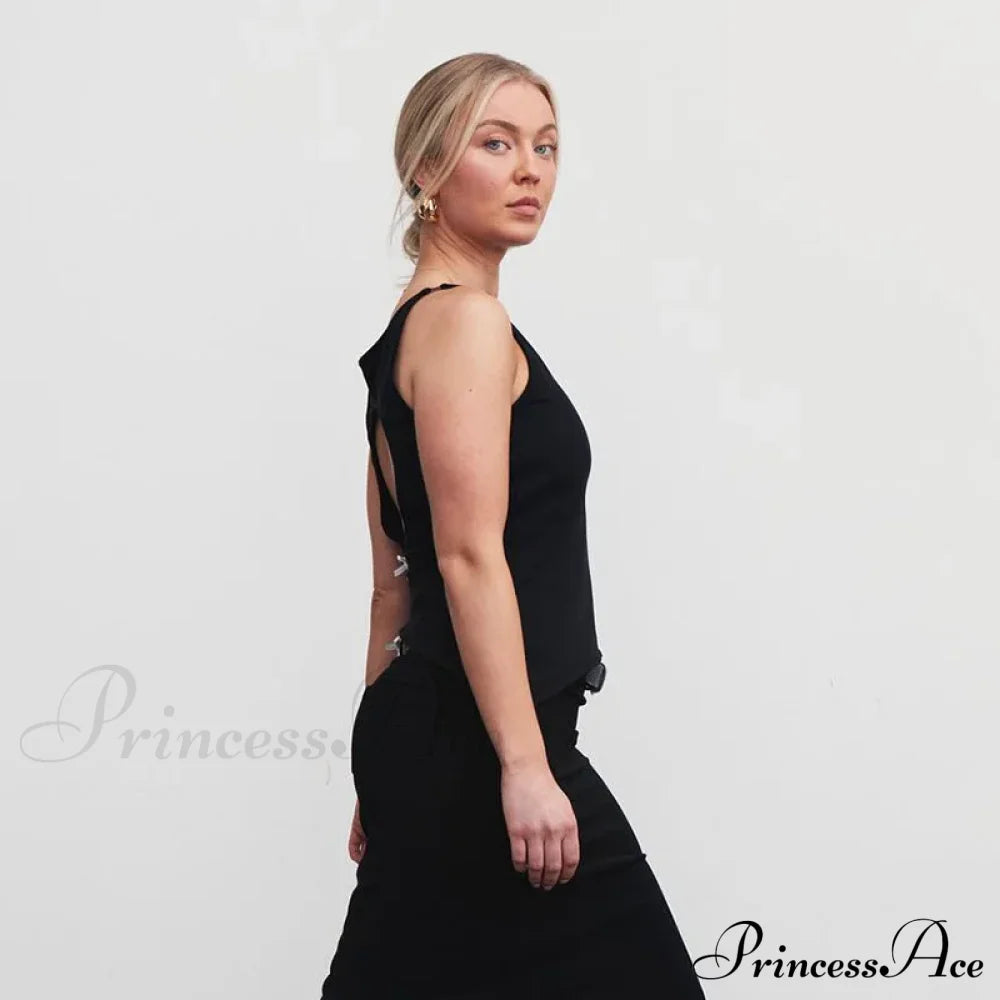 Black Hollow Out Charming Bow Tank Top