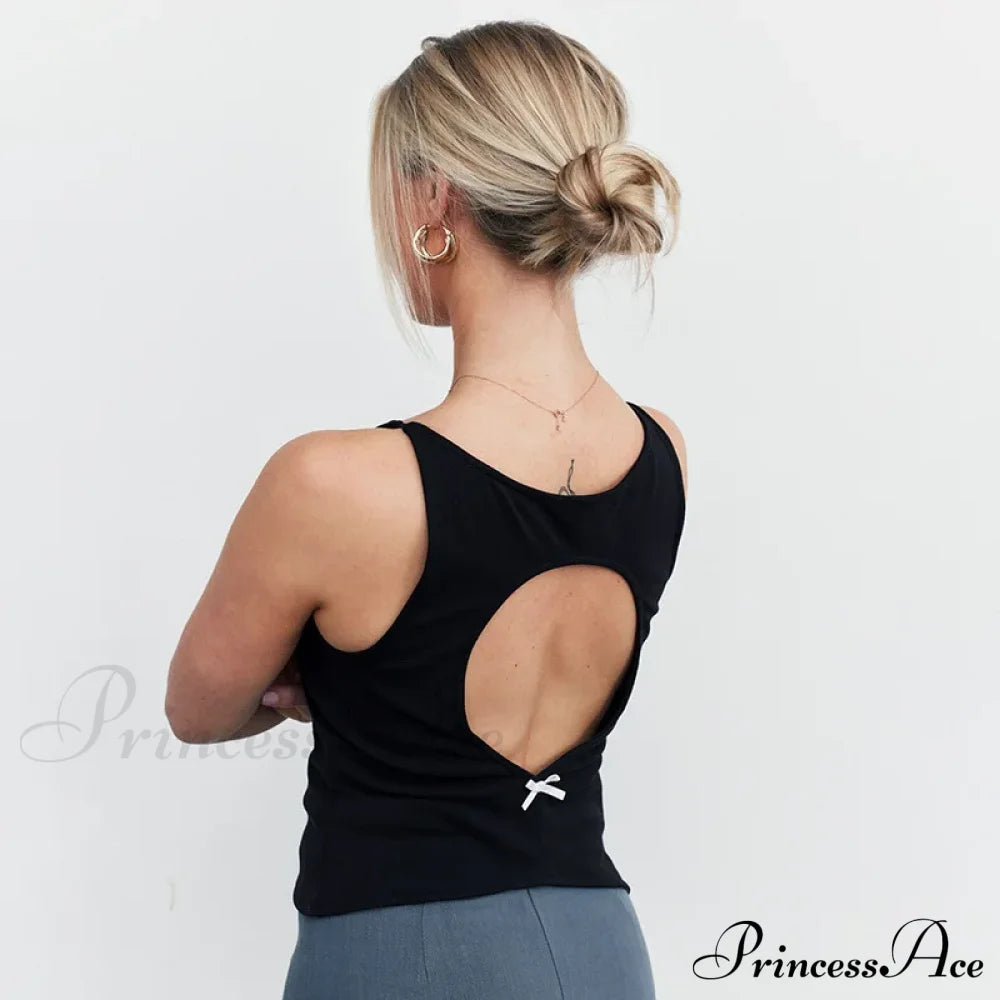Black Hollow Out Charming Bow Tank Top