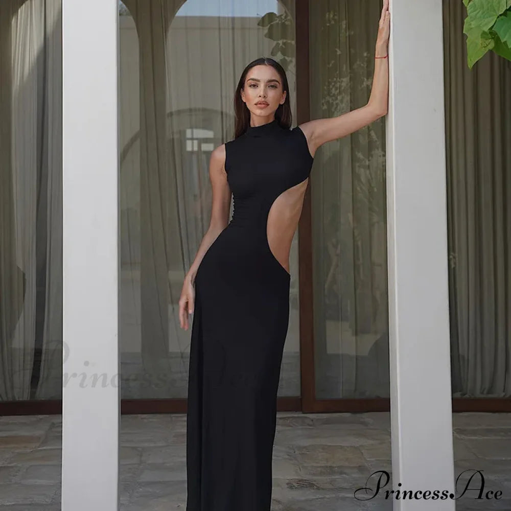 Black Hollow Out Long Women 2024 Sleeveless Bodycon Sexy Maxi Evening Slim Fashion Clubwear Cut
