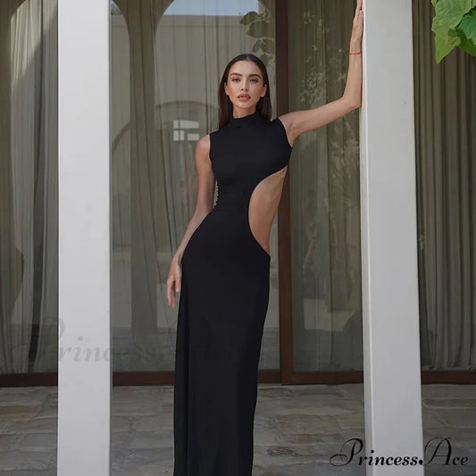 Black Hollow Out Long Women 2024 Sleeveless Bodycon Sexy Maxi Evening Slim Fashion Clubwear Cut
