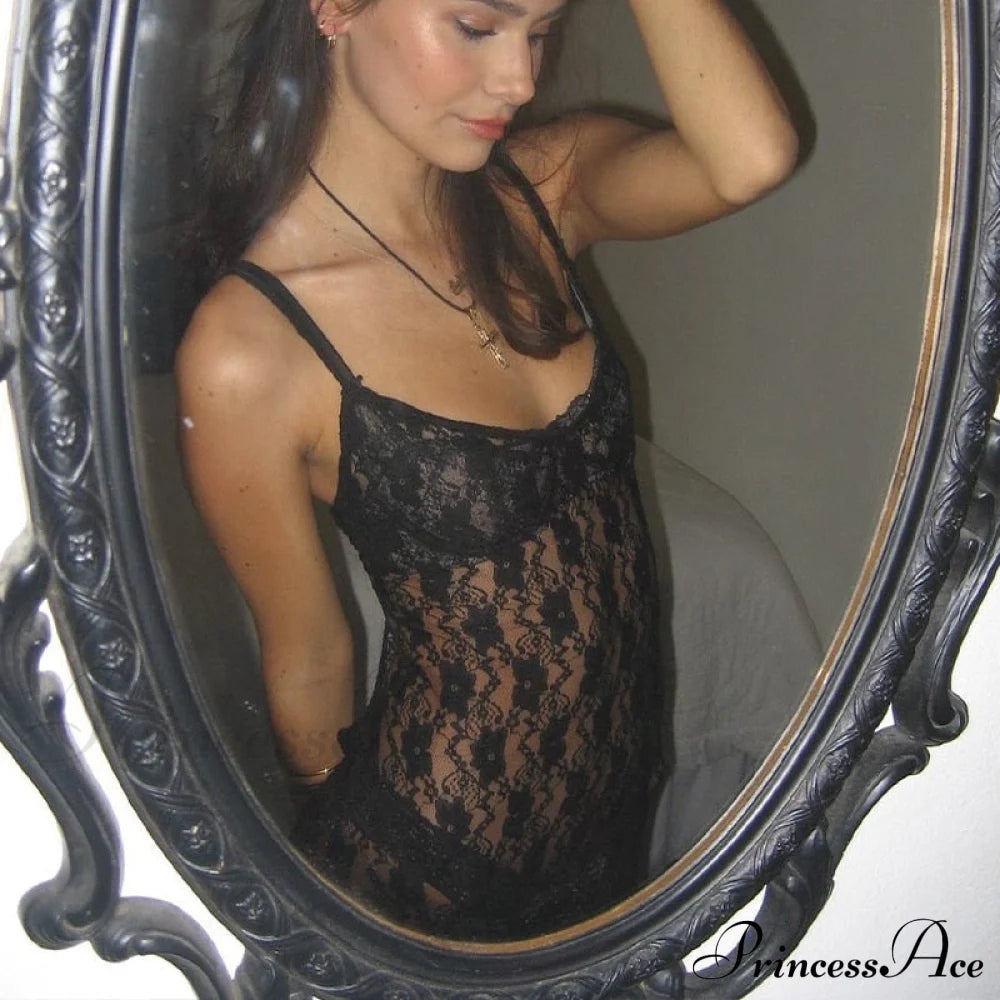 Black Lace Mesh Charming Strap Midi Dress