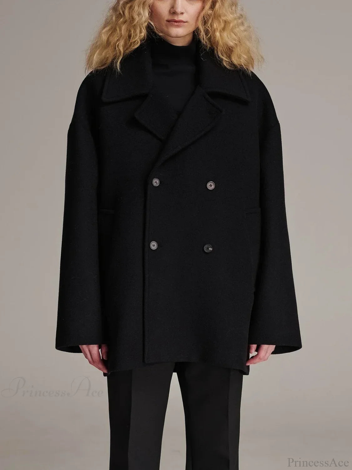 Black Lapel Slim Single-Breasted Overcoat Black / XS