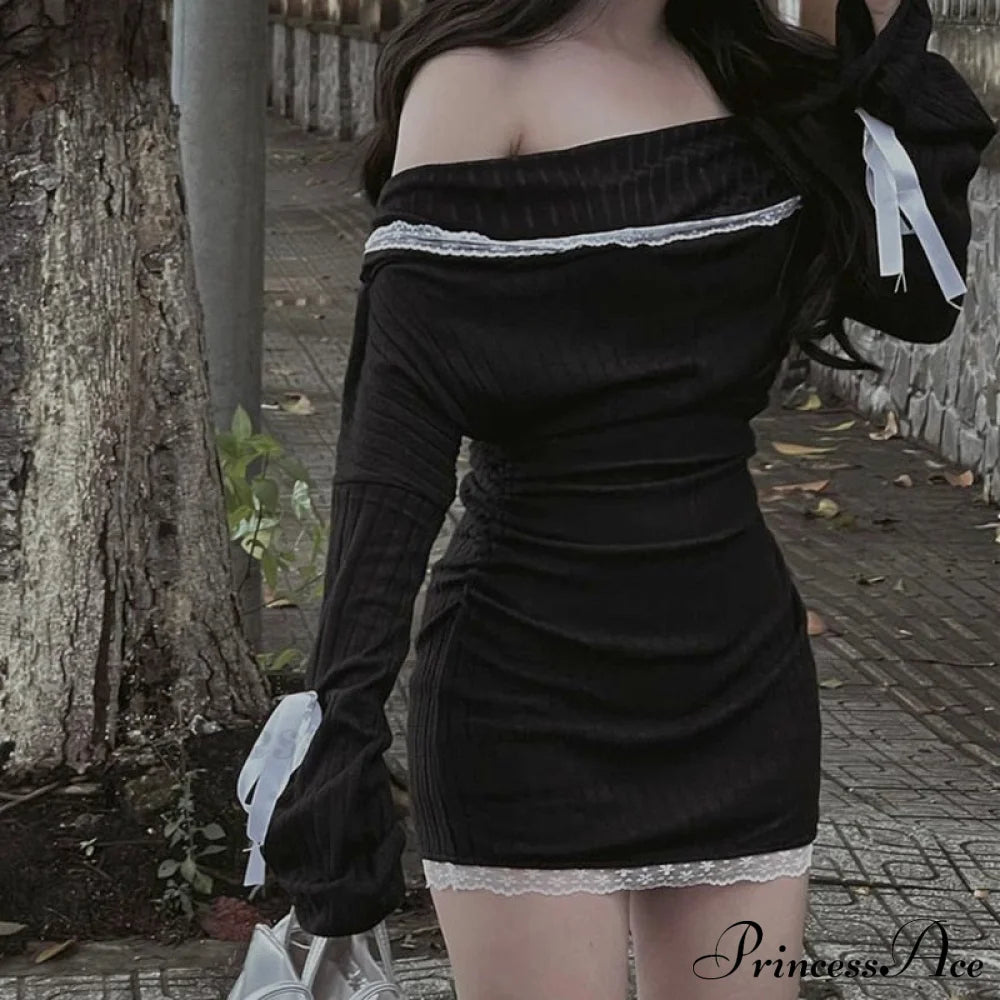 Black Long Sleeve Charming Off-Shoulder Bow Mini Dress