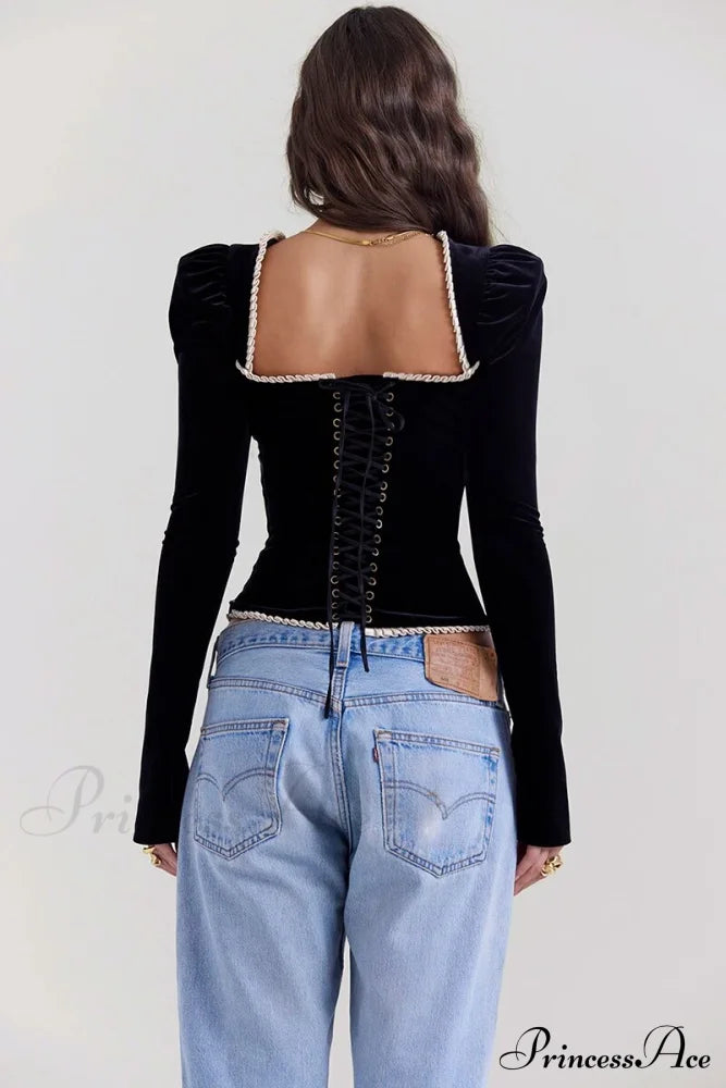 Black Long Sleeve Square Graceful Neck Corset Tie Up Top