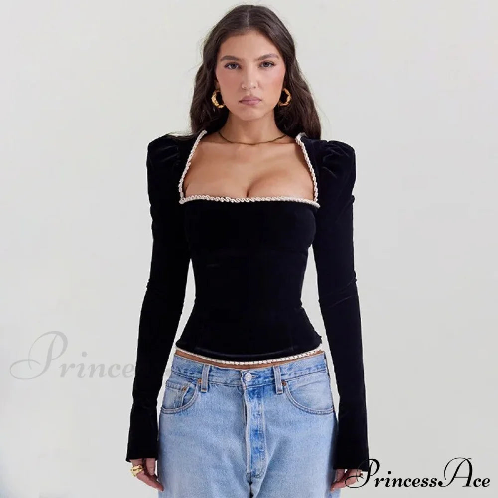 Black Long Sleeve Square Graceful Neck Corset Tie Up Top / M