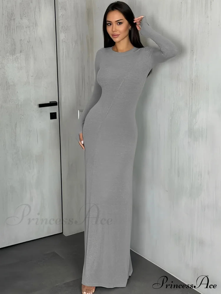 Black Maxi Dress With Long Sleeves And Sleek Silhouette S / Coffee Long Sleeve Backmaxi Dress