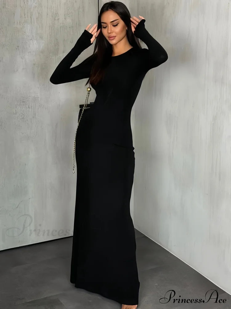Black Maxi Dress With Long Sleeves And Sleek Silhouette S / Long Sleeve Backmaxi Dress