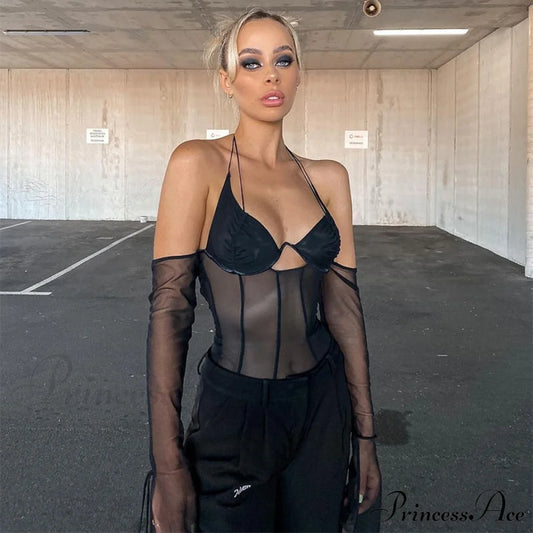 Black Mesh Stylish Top With Glove Top