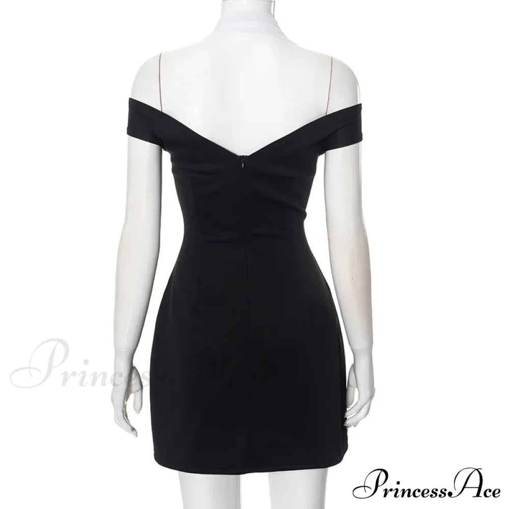 Black Off-Shoulder Contrast Charming Halter Buttoned Mini Dress