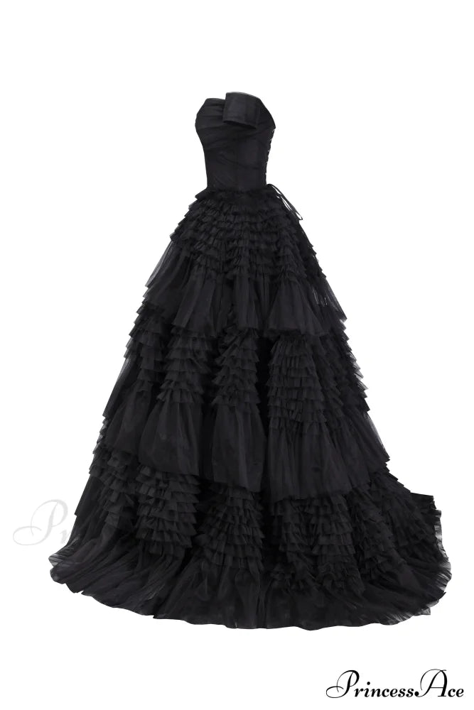 Black Off-The-Shoulder Stylish Frill-Layered Gown Xxl / Dress