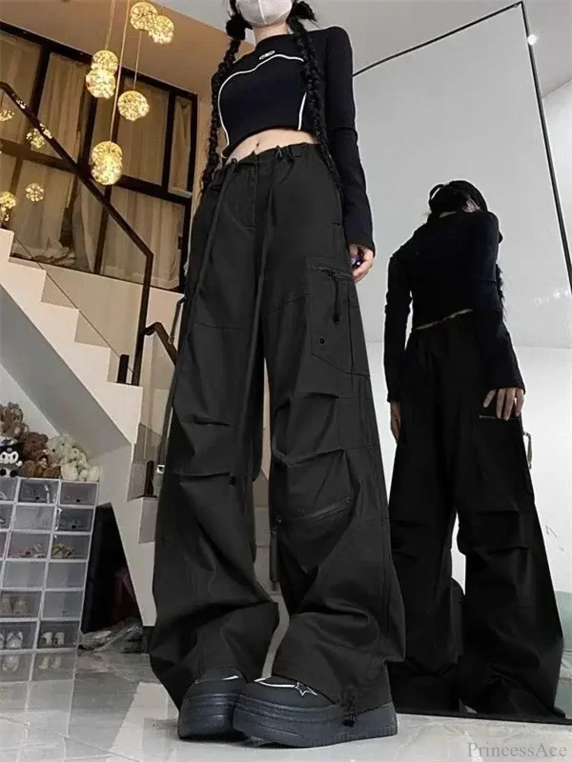 Black Parachute Cargo Pants Y2K Pants Black / M