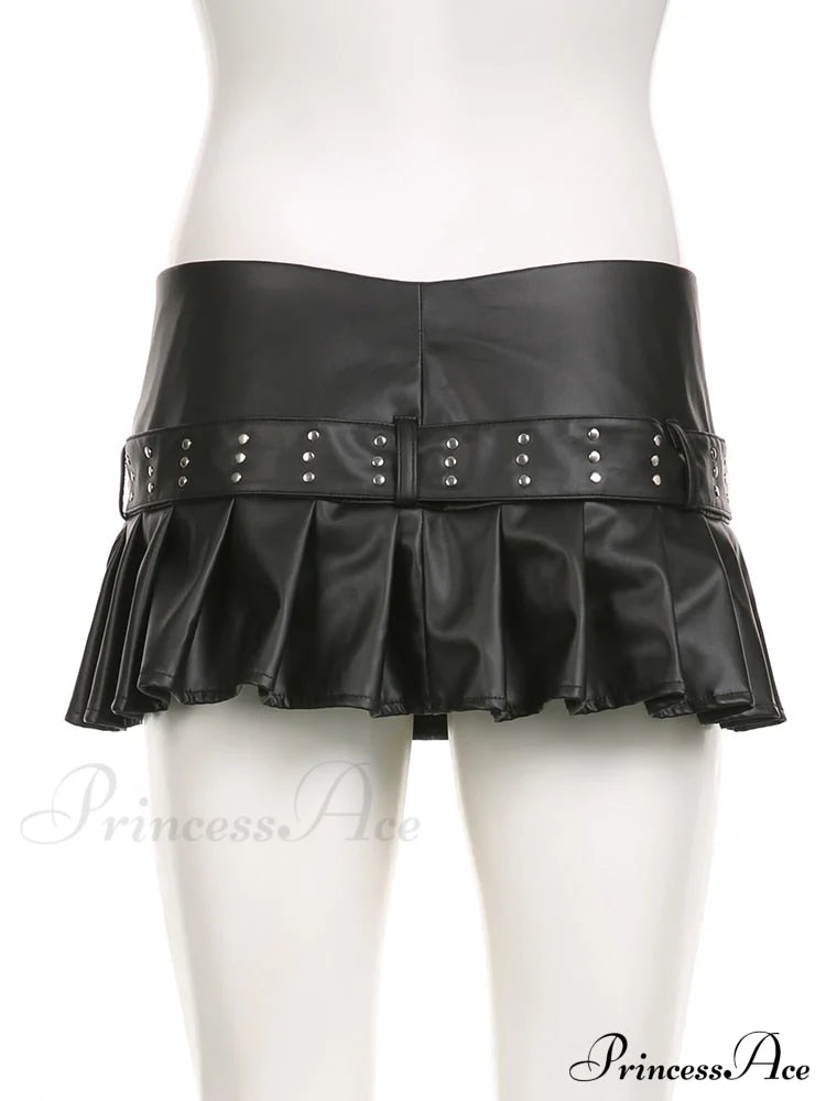 Black Pleated Belted Charming Slit Micro Mini Skirt