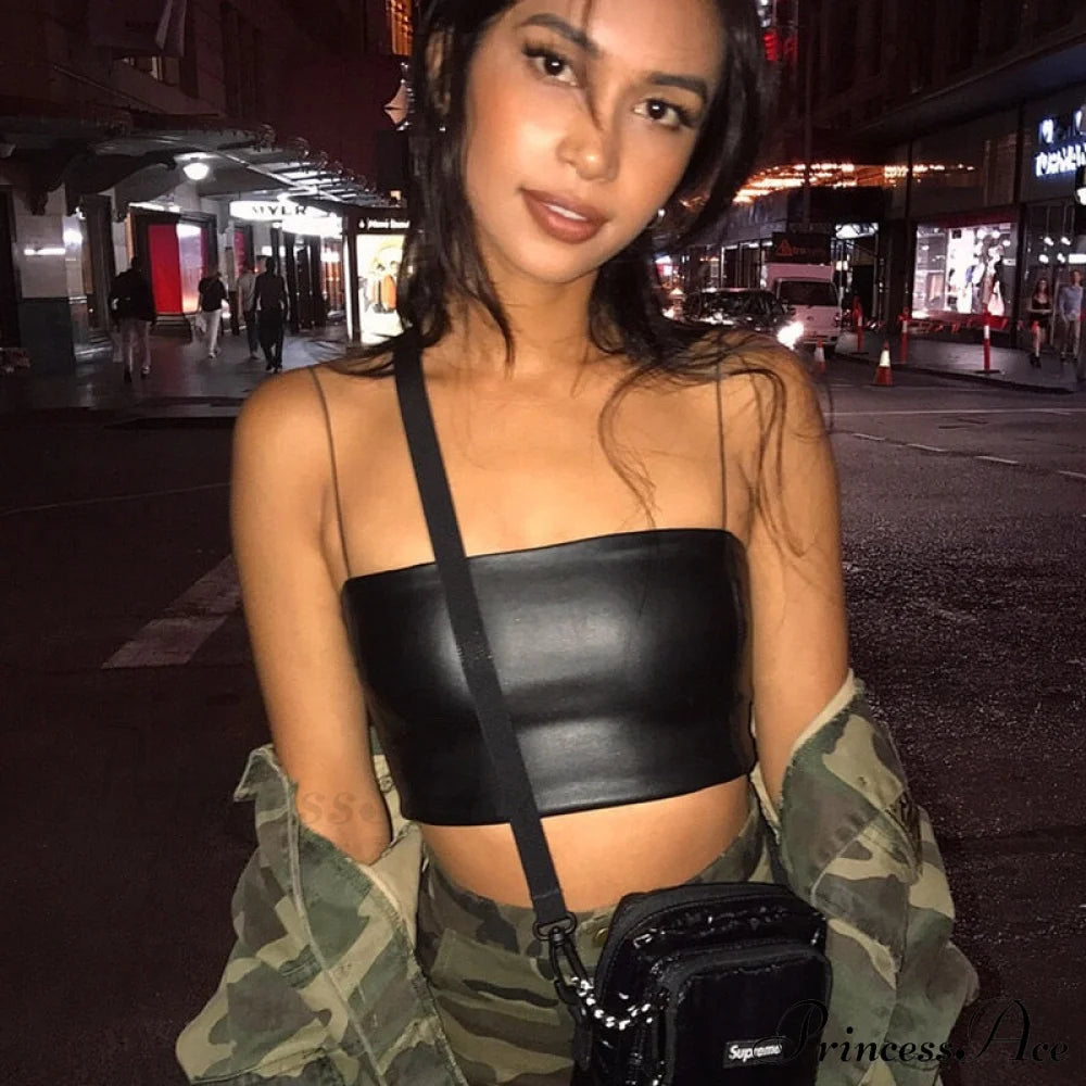 Black Pu Leather Charming Cami Crop Top Top