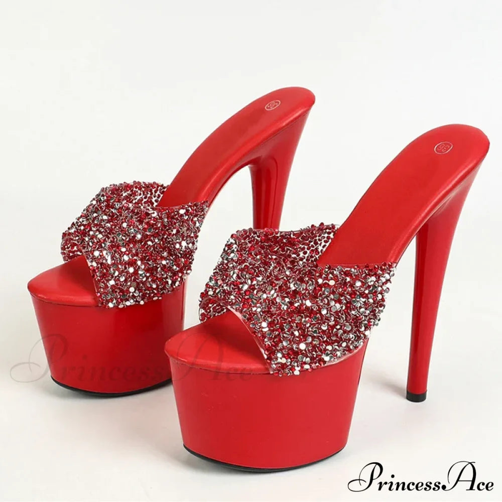 Black Red High Heels Platform Slippers Women Summer Fashion Sequined Pvc Transparent Sandals Peep